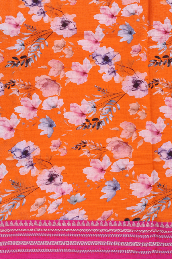 Kota Cotton Saree In Bright Orange With Floral Design