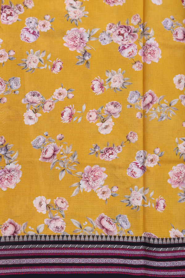 Kota Cotton Saree In Mustard Yellow With Floral Design