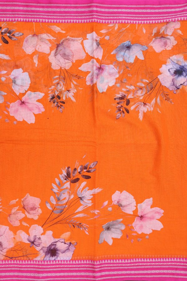 Kota Cotton Saree In Bright Orange With Floral Design