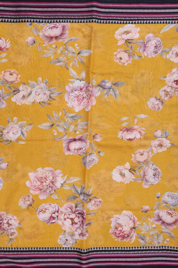 Kota Cotton Saree In Mustard Yellow With Floral Design