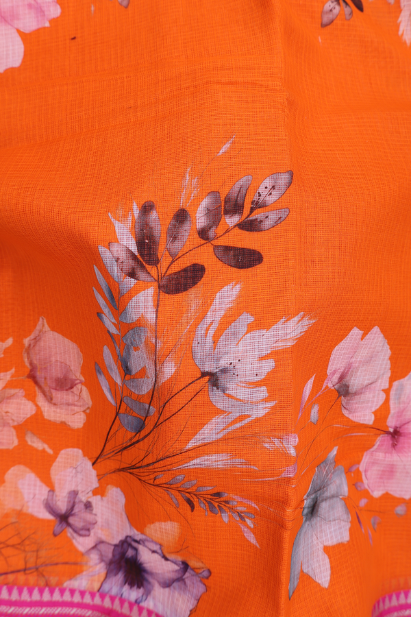 Kota Cotton Saree In Bright Orange With Floral Design