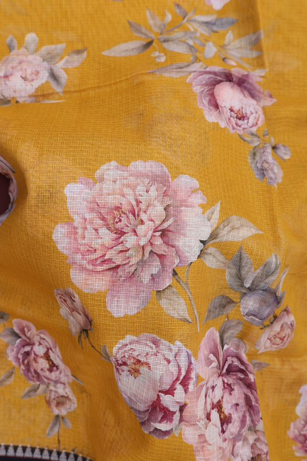 Kota Cotton Saree In Mustard Yellow With Floral Design