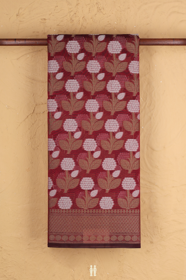 Kota Cotton Saree In Burgundy Red With Floral Design