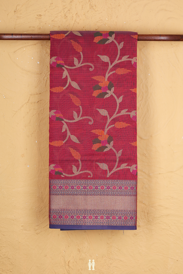 Kota Cotton Saree In Burgundy Red With Floral Design