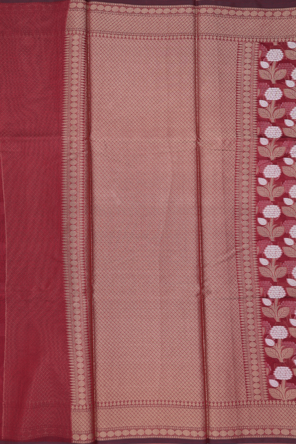 Kota Cotton Saree In Burgundy Red With Floral Design