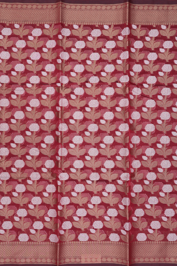 Kota Cotton Saree In Burgundy Red With Floral Design