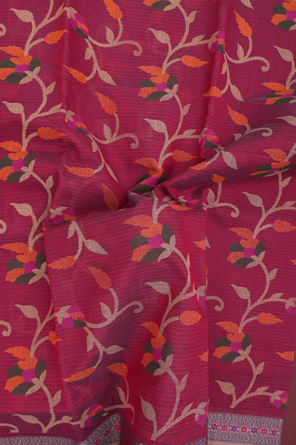 Kota Cotton Saree In Burgundy Red With Floral Design