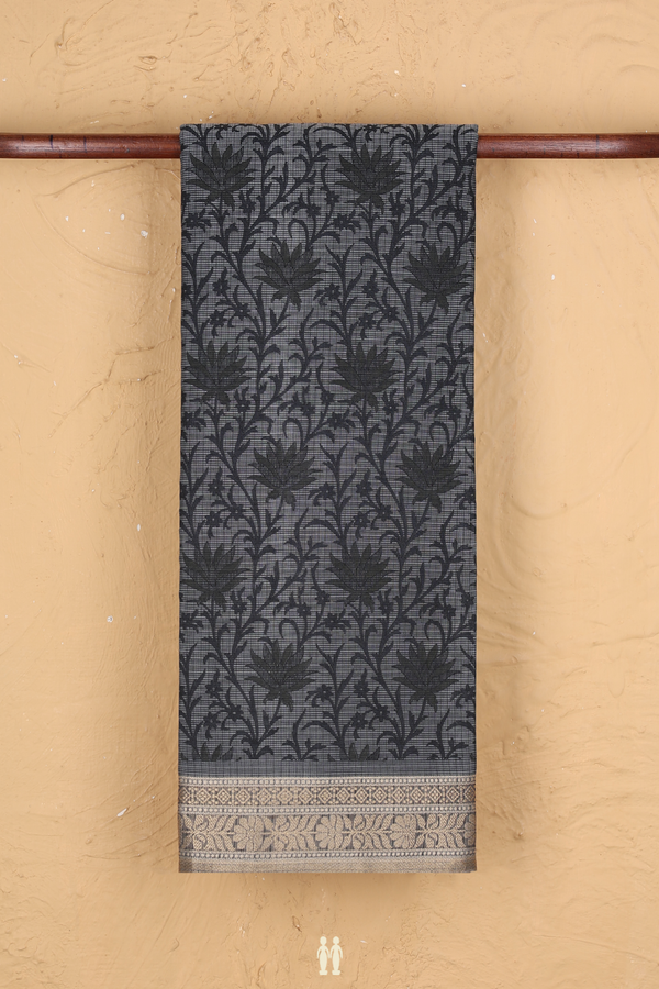Kota Cotton Saree In Charcoal Grey With Floral Design