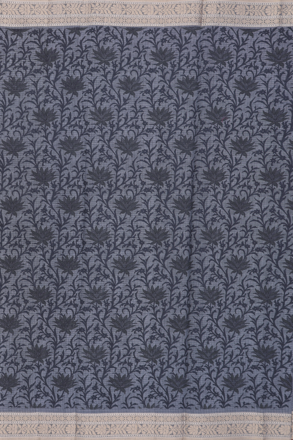 Kota Cotton Saree In Charcoal Grey With Floral Design