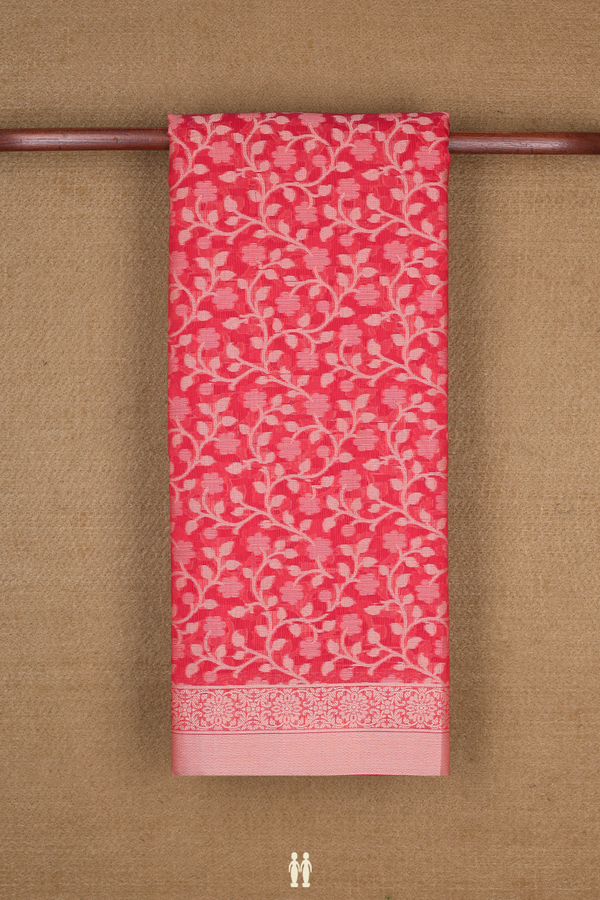 Kota Cotton Saree In Coral Red With Floral Threadwork Design