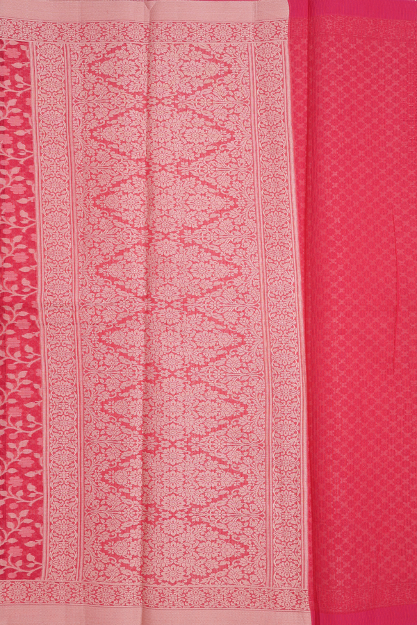 Kota Cotton Saree In Coral Red With Floral Threadwork Design