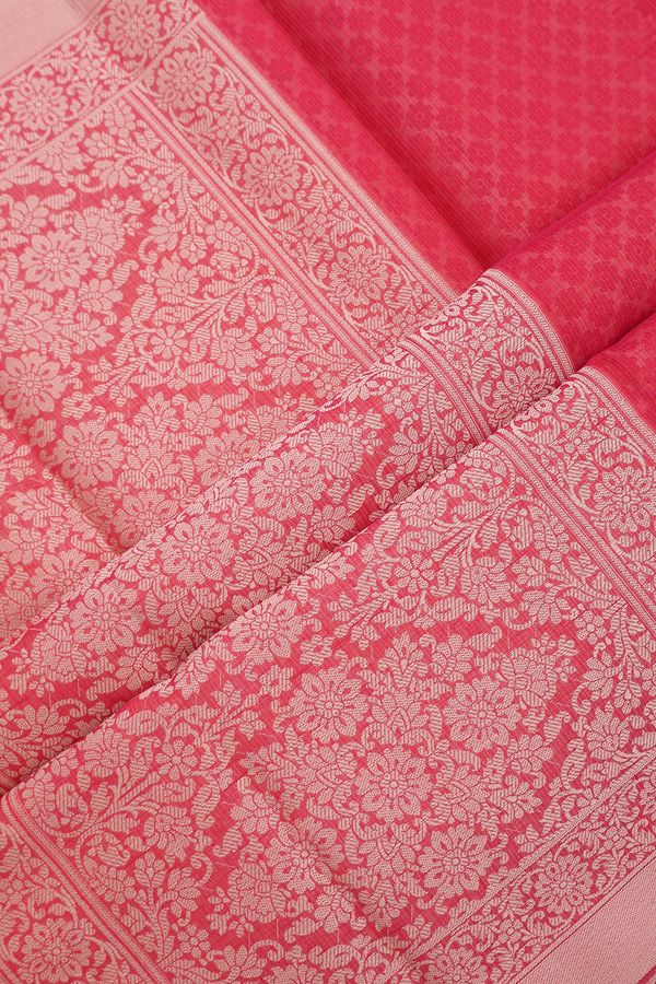 Kota Cotton Saree In Coral Red With Floral Threadwork Design