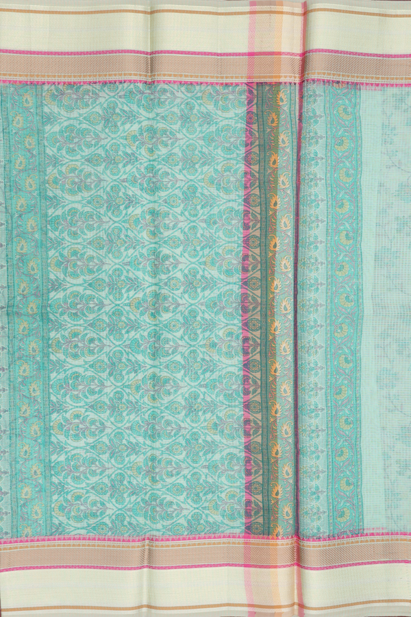 Kota Cotton Saree In Cream Green With Floral Printed Design