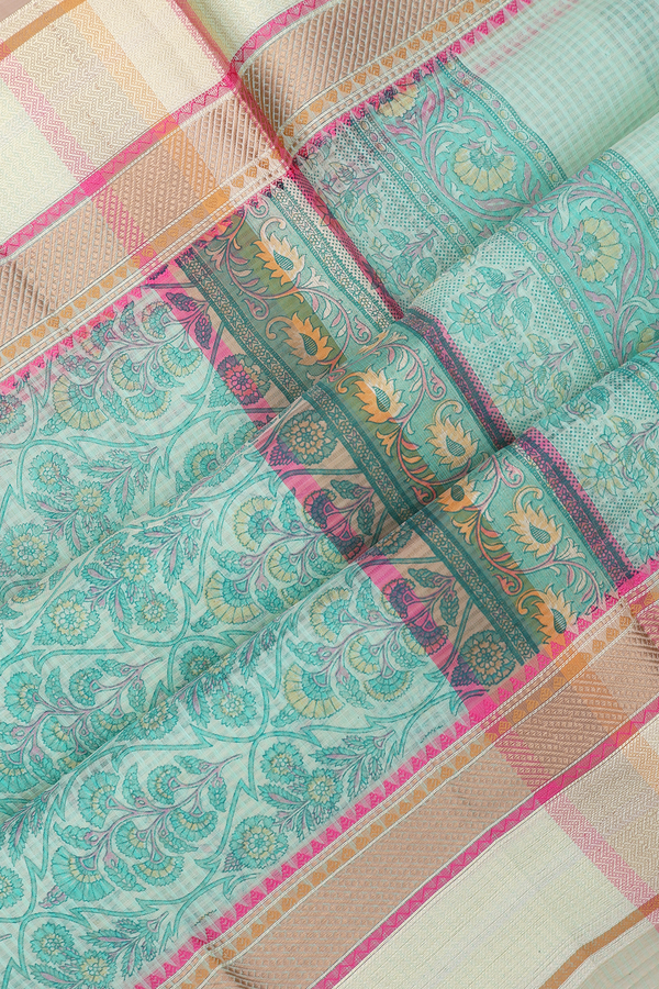Kota Cotton Saree In Cream Green With Floral Printed Design