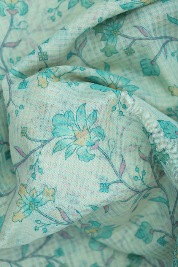 Kota Cotton Saree In Cream Green With Floral Printed Design
