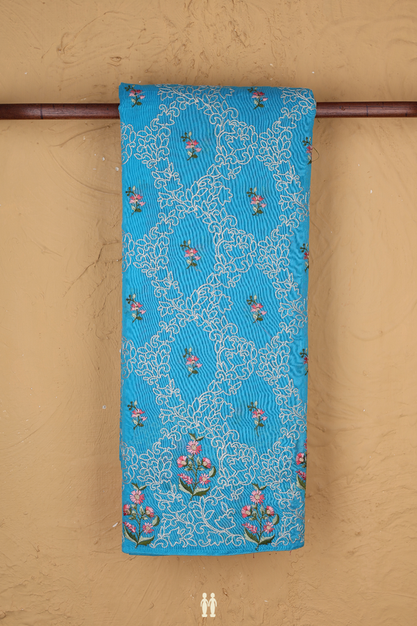 Kota Cotton Saree In Deep Sky Blue With Floral Design