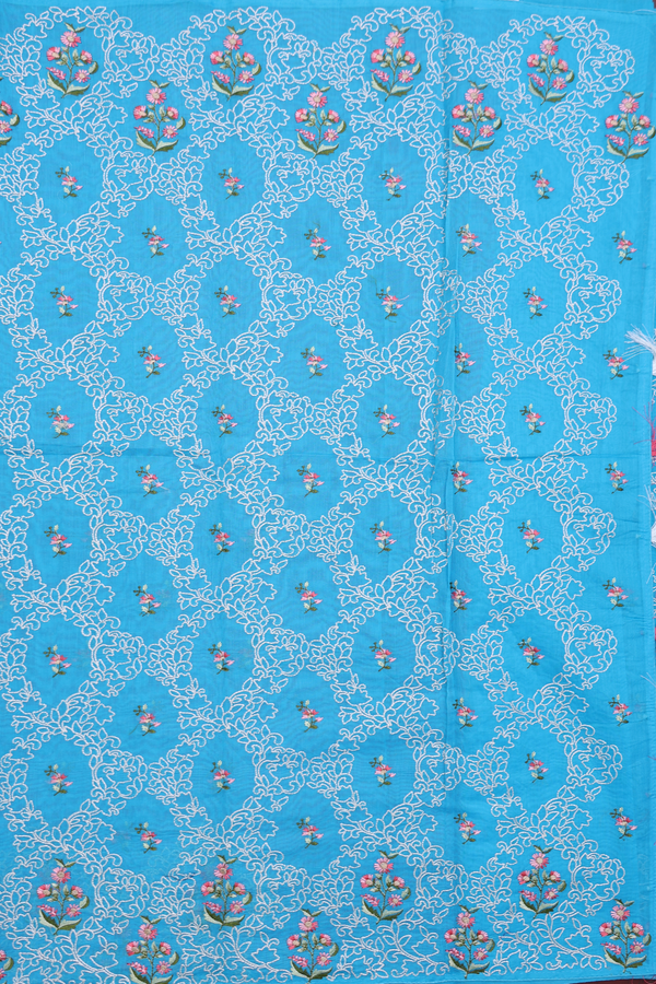 Kota Cotton Saree In Deep Sky Blue With Floral Design