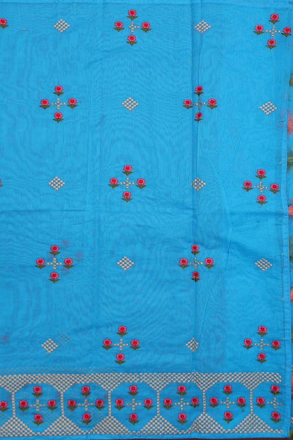Kota Cotton Saree In Deep Sky Blue With Floral Design