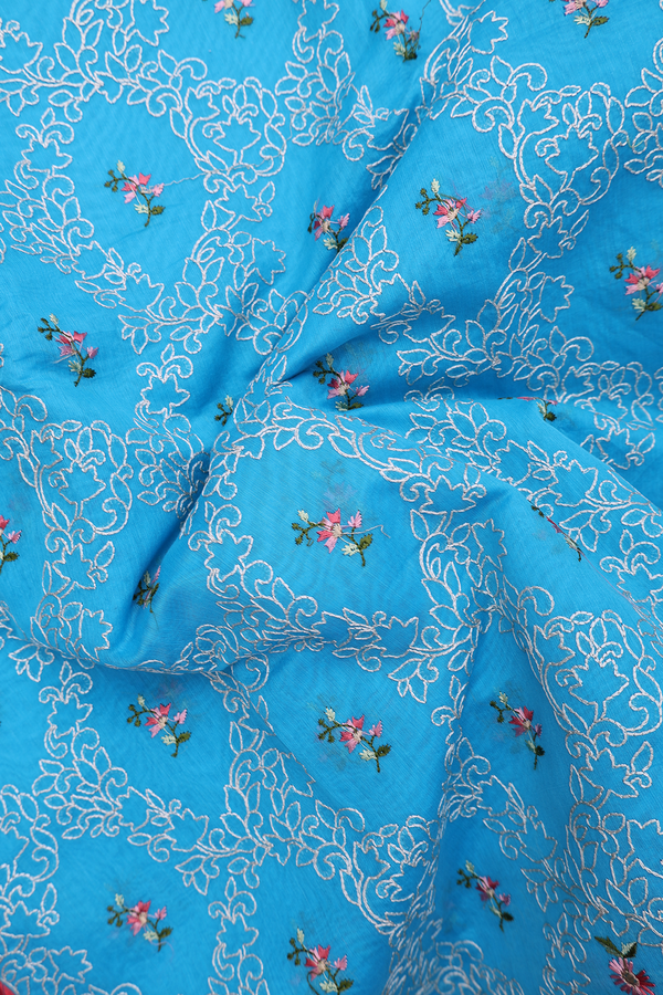 Kota Cotton Saree In Deep Sky Blue With Floral Design