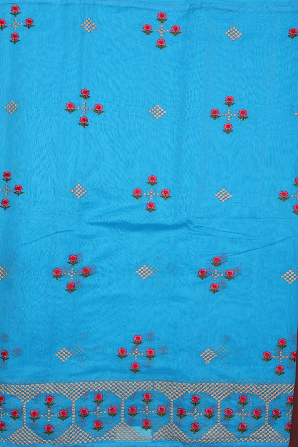 Kota Cotton Saree In Deep Sky Blue With Floral Design