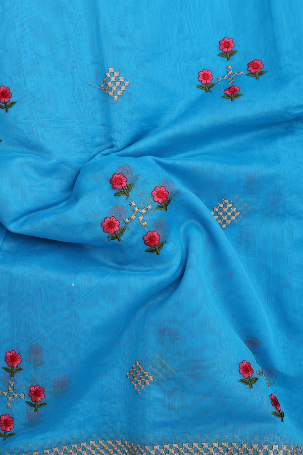 Kota Cotton Saree In Deep Sky Blue With Floral Design