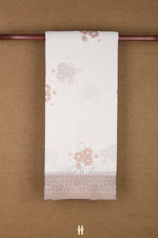 Kota Cotton Saree In Egg White With Floral Embroidered