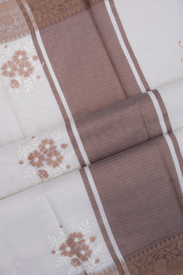 Kota Cotton Saree In Egg White With Floral Embroidered
