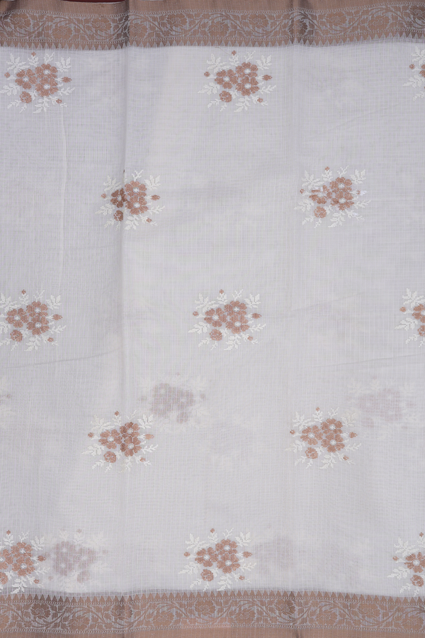 Kota Cotton Saree In Egg White With Floral Embroidered
