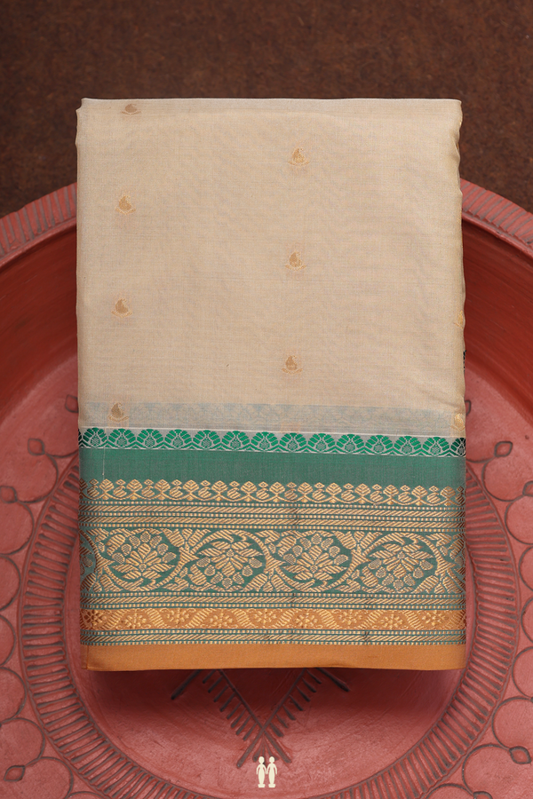Gadwal Silk Cotton Saree In Pastel Khaki With Paisley Buttis