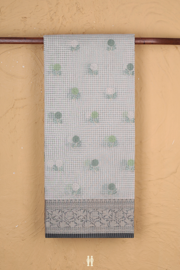 Kota Cotton Saree In Light Grey With Floral Buttas