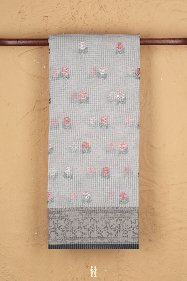 Kota Cotton Saree In Light Grey With Floral Buttas