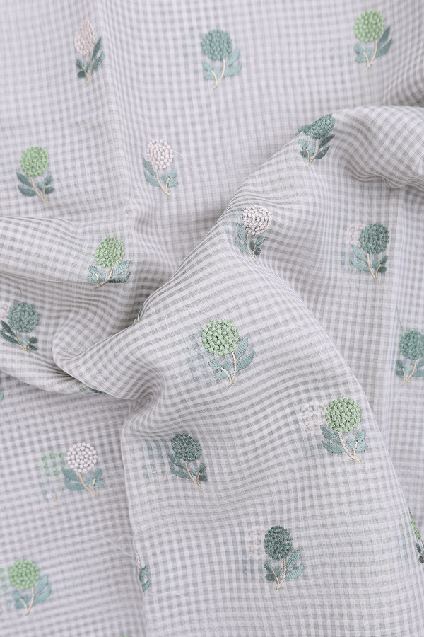 Kota Cotton Saree In Light Grey With Floral Buttas