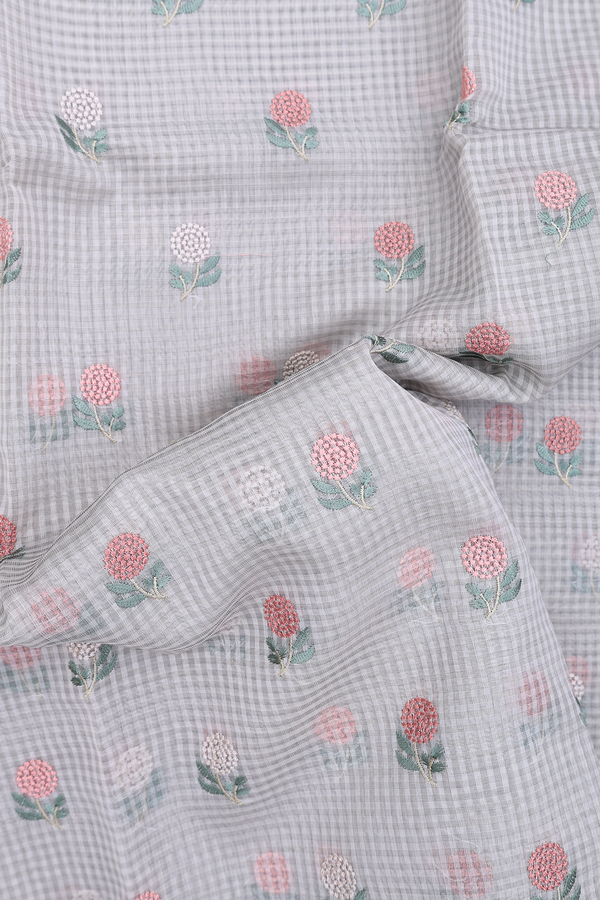 Kota Cotton Saree In Light Grey With Floral Buttas