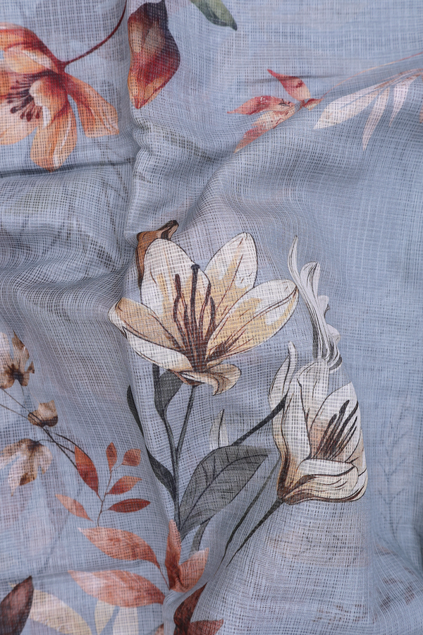 Kota Cotton Saree In Light Grey With Floral Printed Design