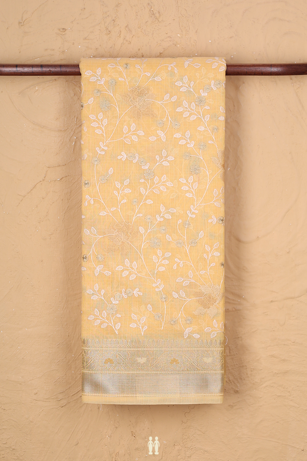 Kota Cotton Saree In Light Yellow With Embroidered Design