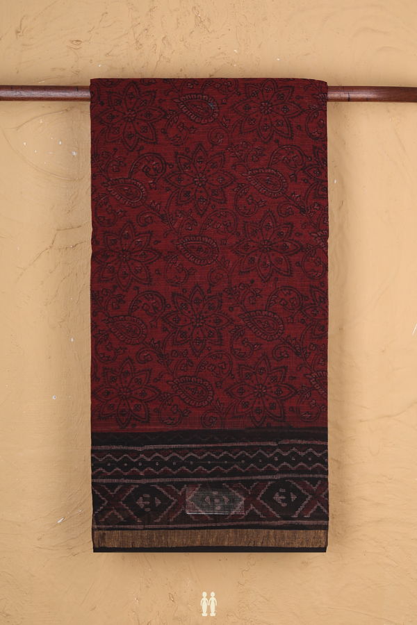 Kota Cotton Saree In Maroon With Floral Design