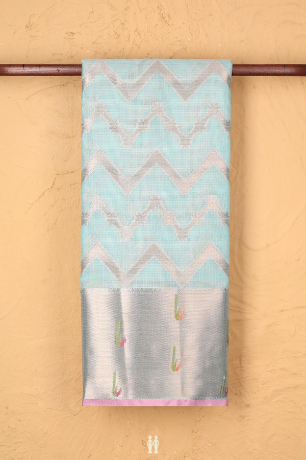 Kota Cotton Saree In Mint Blue With Chevron Design