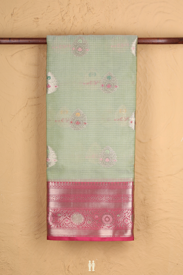 Kota Cotton Saree In Pastel Green With Zari Buttas