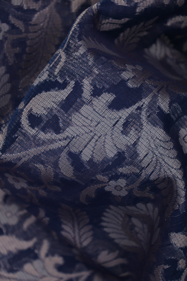 Kota Cotton Saree In Navy Blue With Floral Design