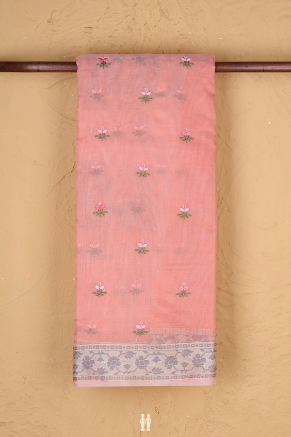 Kota Cotton Saree In Orange With Floral Buttas