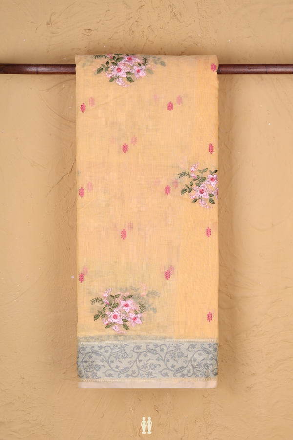 Kota Cotton Saree In Orange With Floral Design