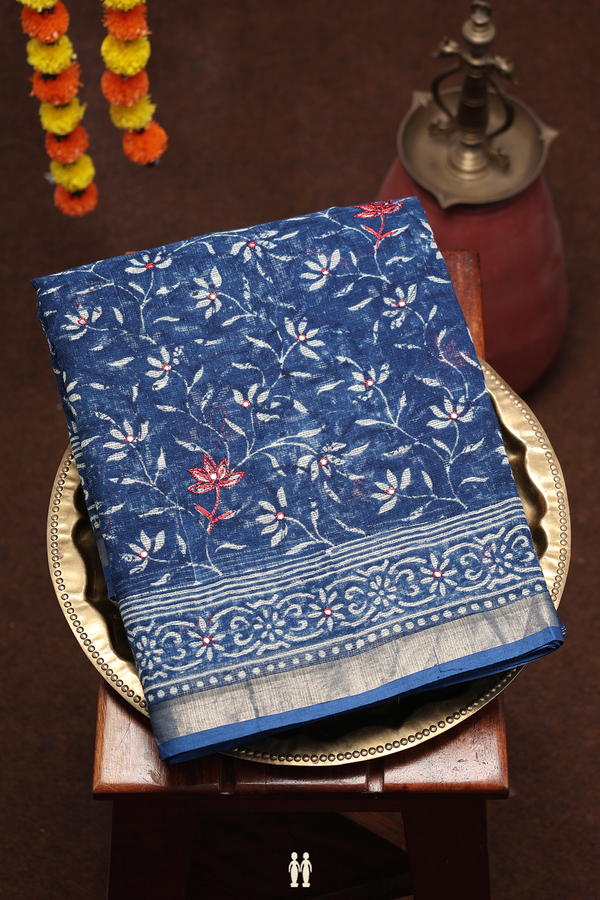 Kota Cotton Saree In Oxford Blue With Floral Design