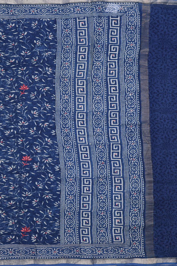 Kota Cotton Saree In Oxford Blue With Floral Design