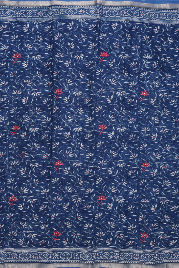 Kota Cotton Saree In Oxford Blue With Floral Design