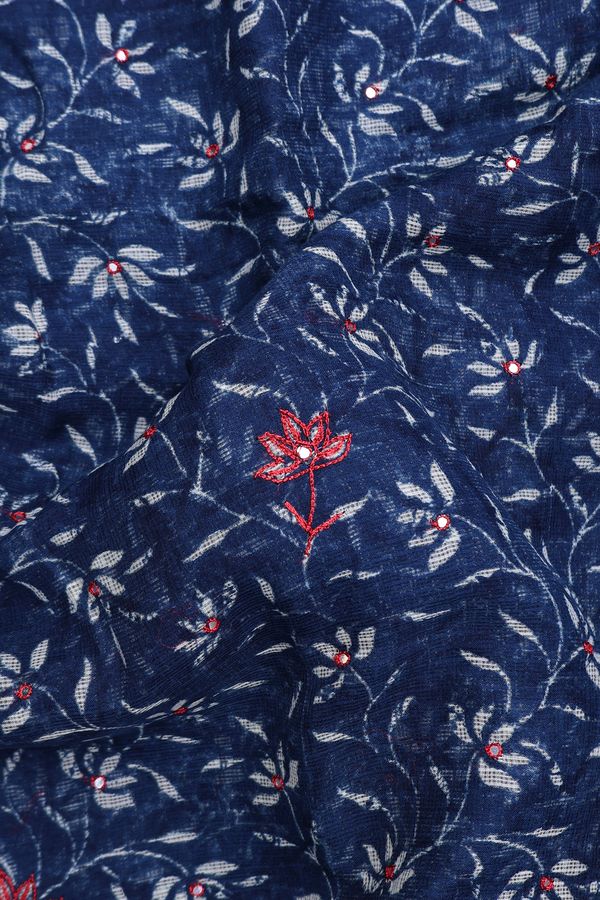 Kota Cotton Saree In Oxford Blue With Floral Design