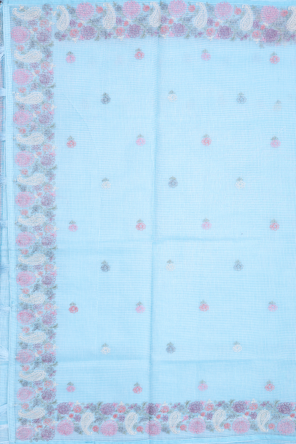 Kota Cotton Saree In Pastel Blue With Floral Buttas