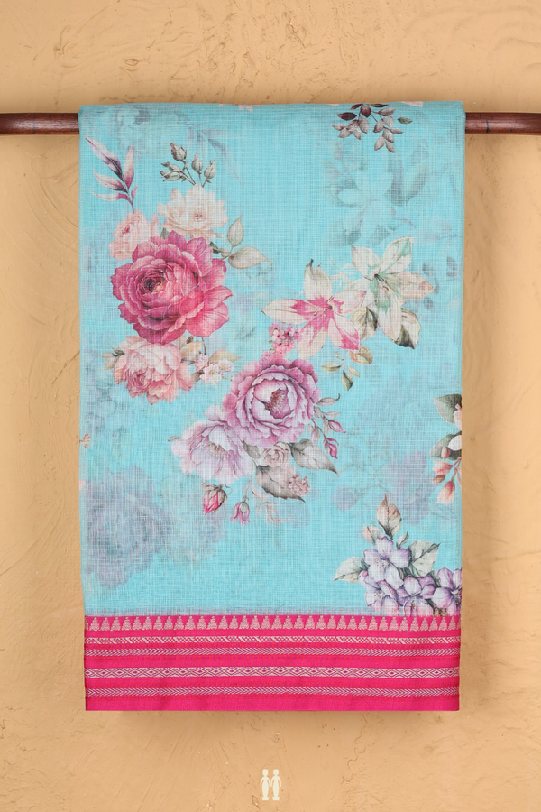 Kota Cotton Saree In Pastel Blue With Floral Printed Design