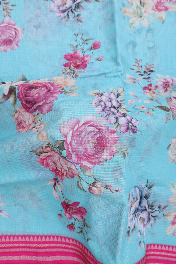 Kota Cotton Saree In Pastel Blue With Floral Printed Design
