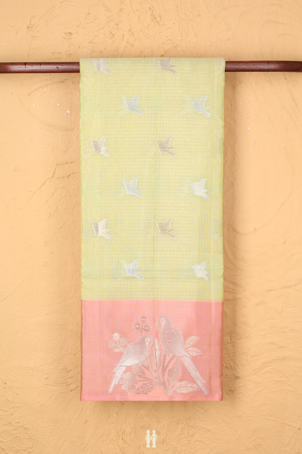 Kota Cotton Saree In Pastel Green With Birds Buttas
