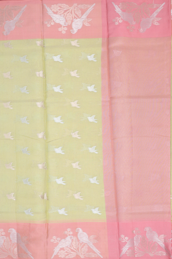 Kota Cotton Saree In Pastel Green With Birds Buttas